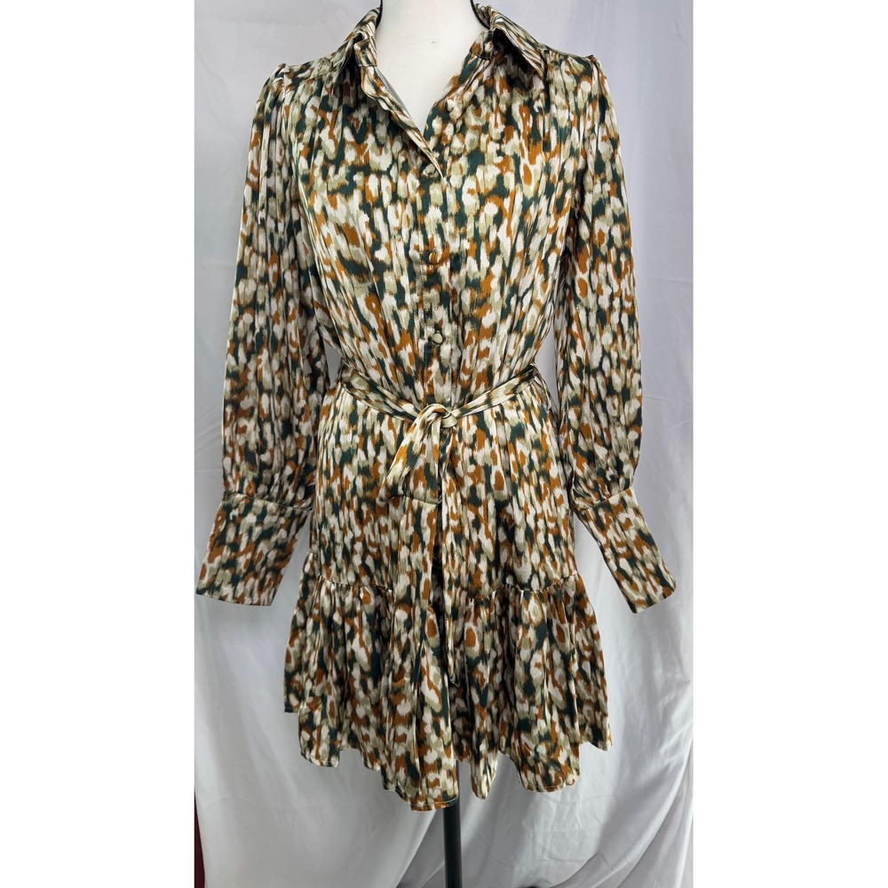 Entro Shirt Dress Womens Medium Green Rust Ikat Tiered Mini Excellent D21447